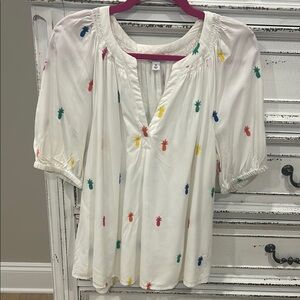 Crown & Ivy White Puff Sleeve Blouse with Embellished Details